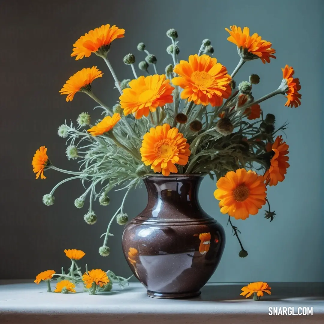 Vase filled with lots of orange flowers on a table next to a wall and a blue wall behind it. Example of RGB 255,140,0 color.