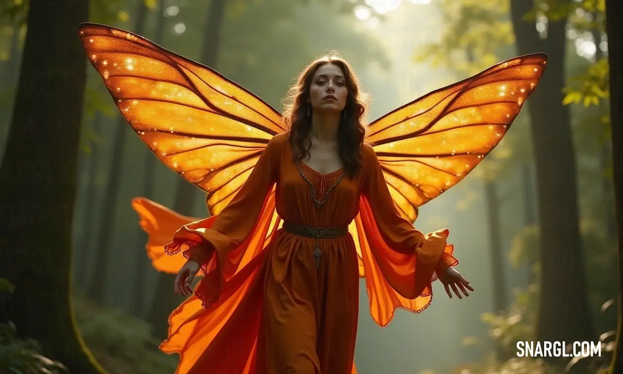 A whimsical forest scene features a woman in a dazzling fairy costume, her butterfly wings aglow as she stands amidst vibrant trees. The magical atmosphere captures a moment of enchantment, revealing the beauty and mystery of the natural world.