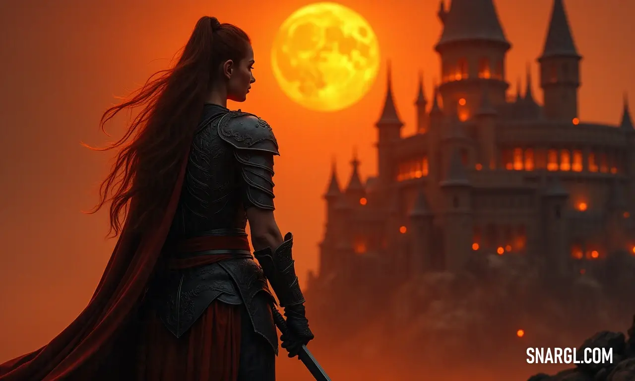 A strong woman clad in a flowing medieval dress grips a gleaming sword before a majestic castle under the watchful gaze of a full moon, embodying courage and strength amidst a backdrop of mystical allure.