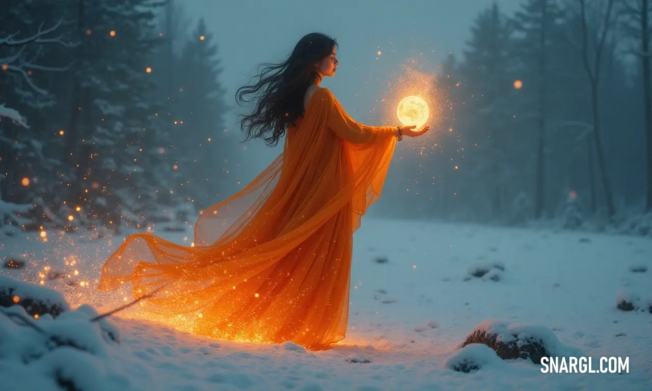 Embraced by a snowy landscape, a woman in a radiant yellow dress holds a glowing orb, her presence contrasting beautifully with the tranquil white surroundings and the majestic trees that create a winter wonderland.