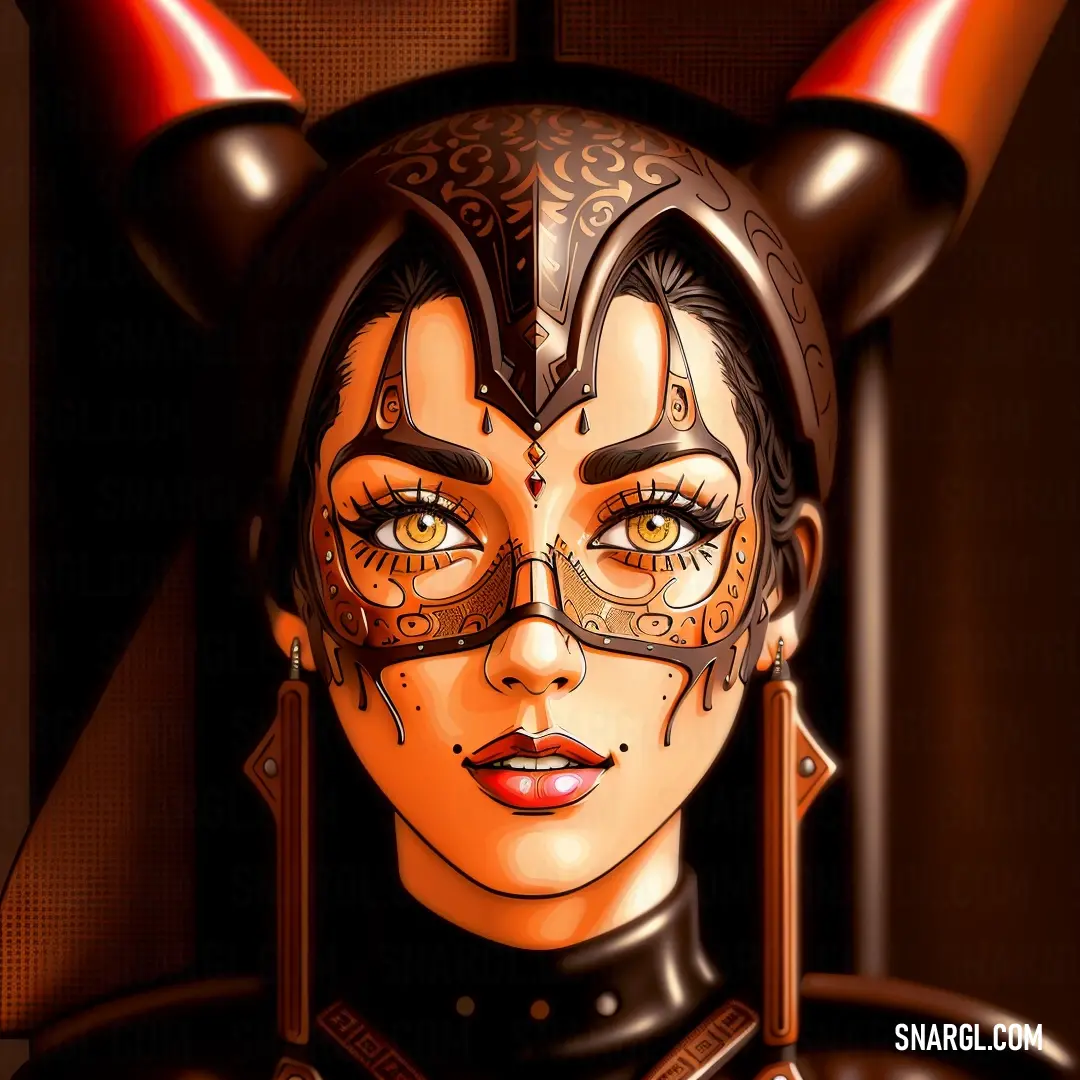 A woman with striking horns and a dramatic mask stands against a brown background. Her red nose ring adds a touch of boldness, while the dark orange hues surrounding her create an intense, powerful atmosphere.