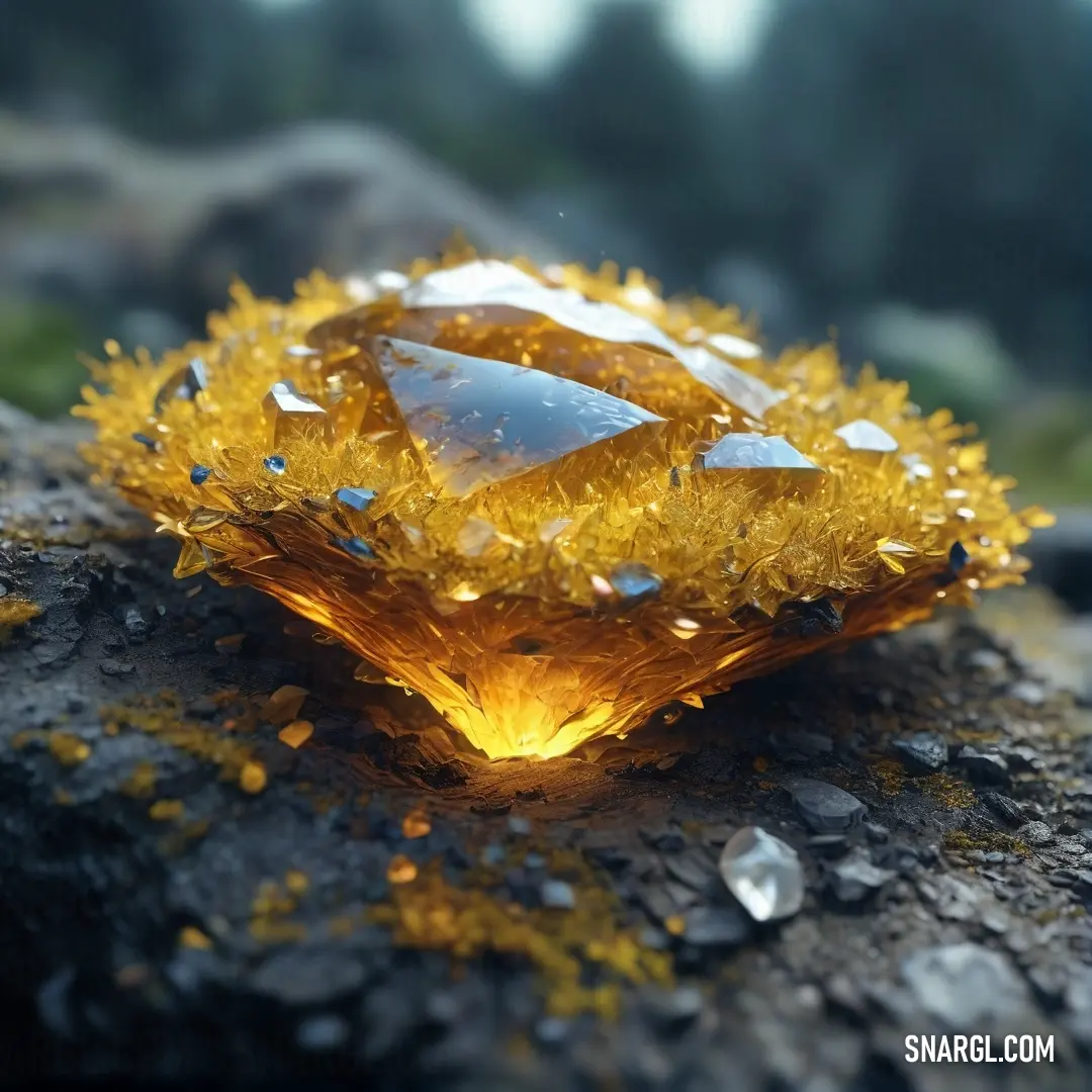 A radiant yellow diamond perched on a rock, surrounded by yellow crystals and sparkling water droplets. The deep orange undertones add a layer of richness and mystery, showcasing the beauty of nature's hidden treasures.