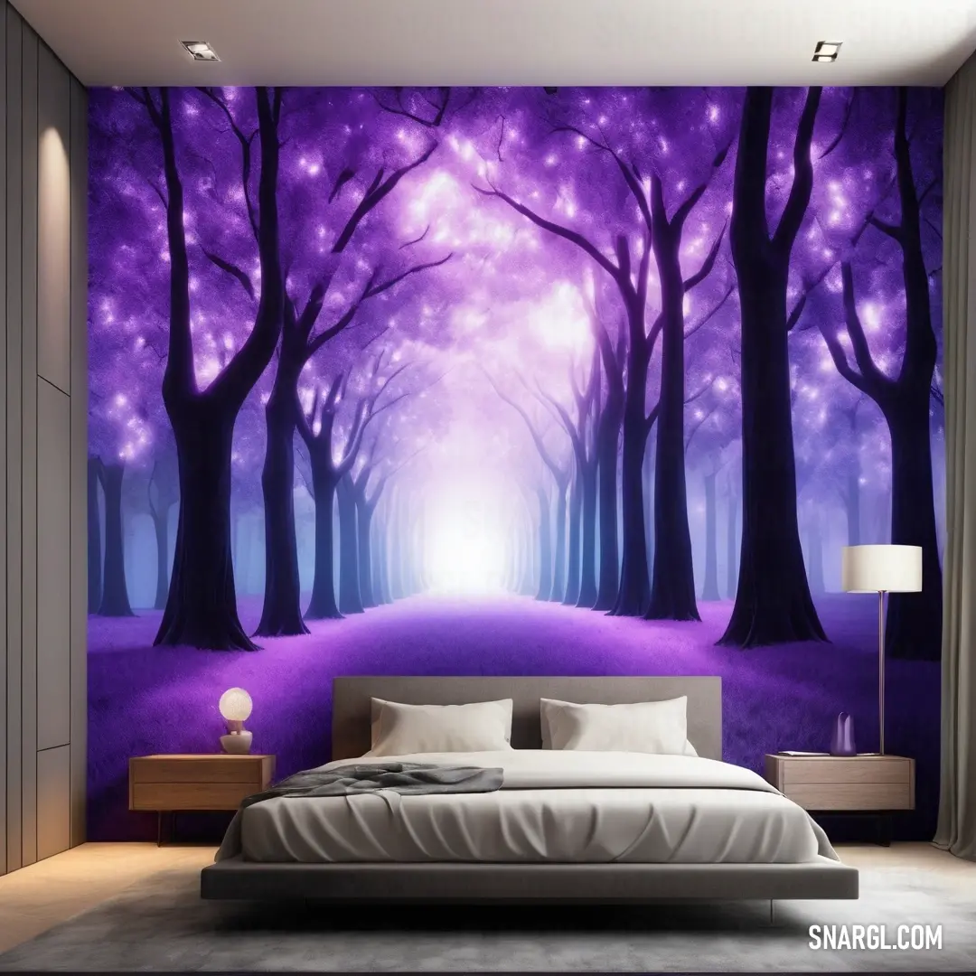 Bedroom with a purple wall and a white bed in front of it. Color CMYK 25,75,0,20.
