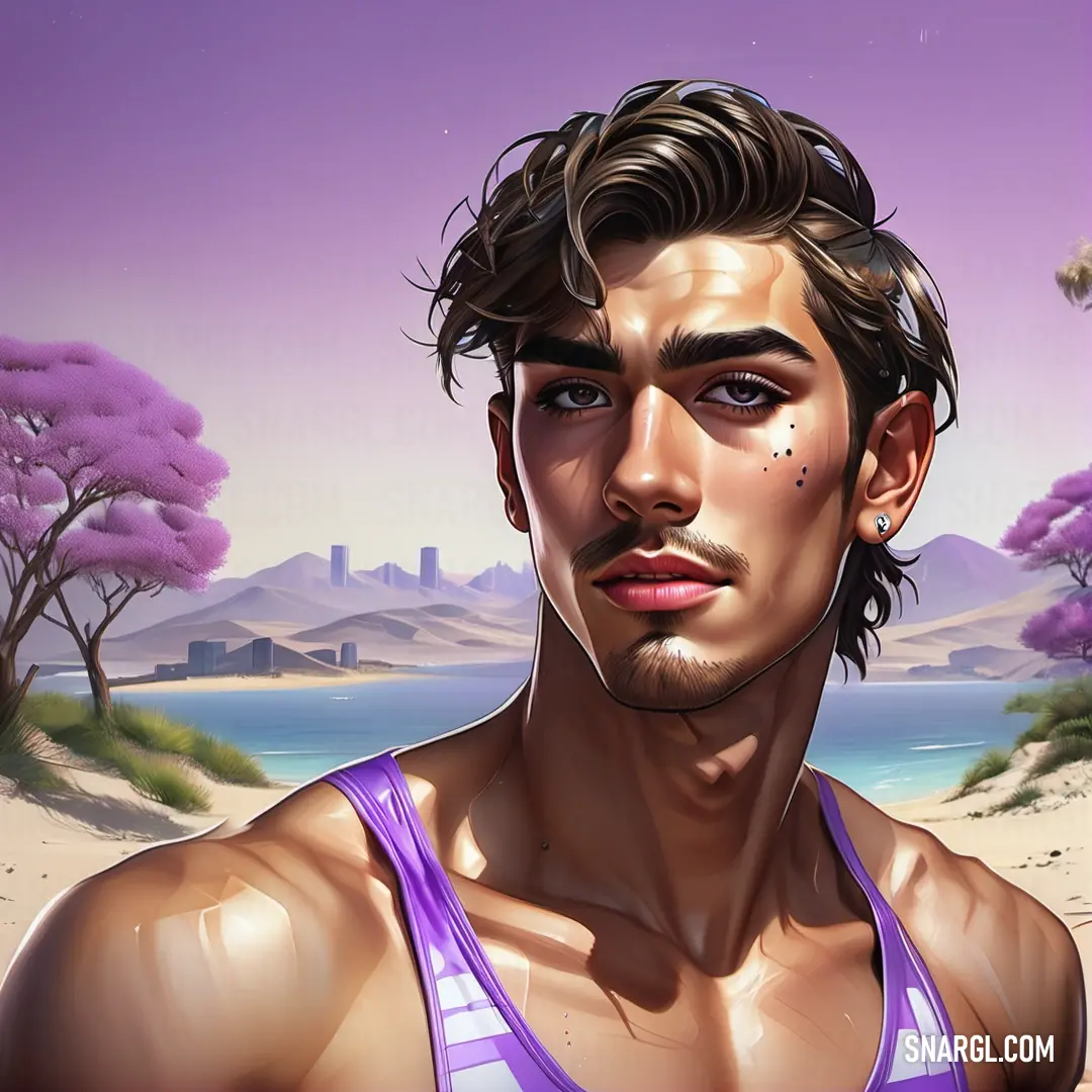 Man with a purple tank top on a beach near a lake and trees. Example of CMYK 25,75,0,20 color.