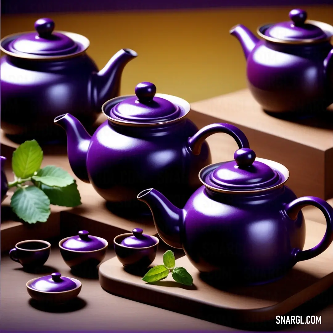 Purple tea set with a tray of cups and a teapot on a table with a plant in the middle. Example of RGB 153,50,204 color.