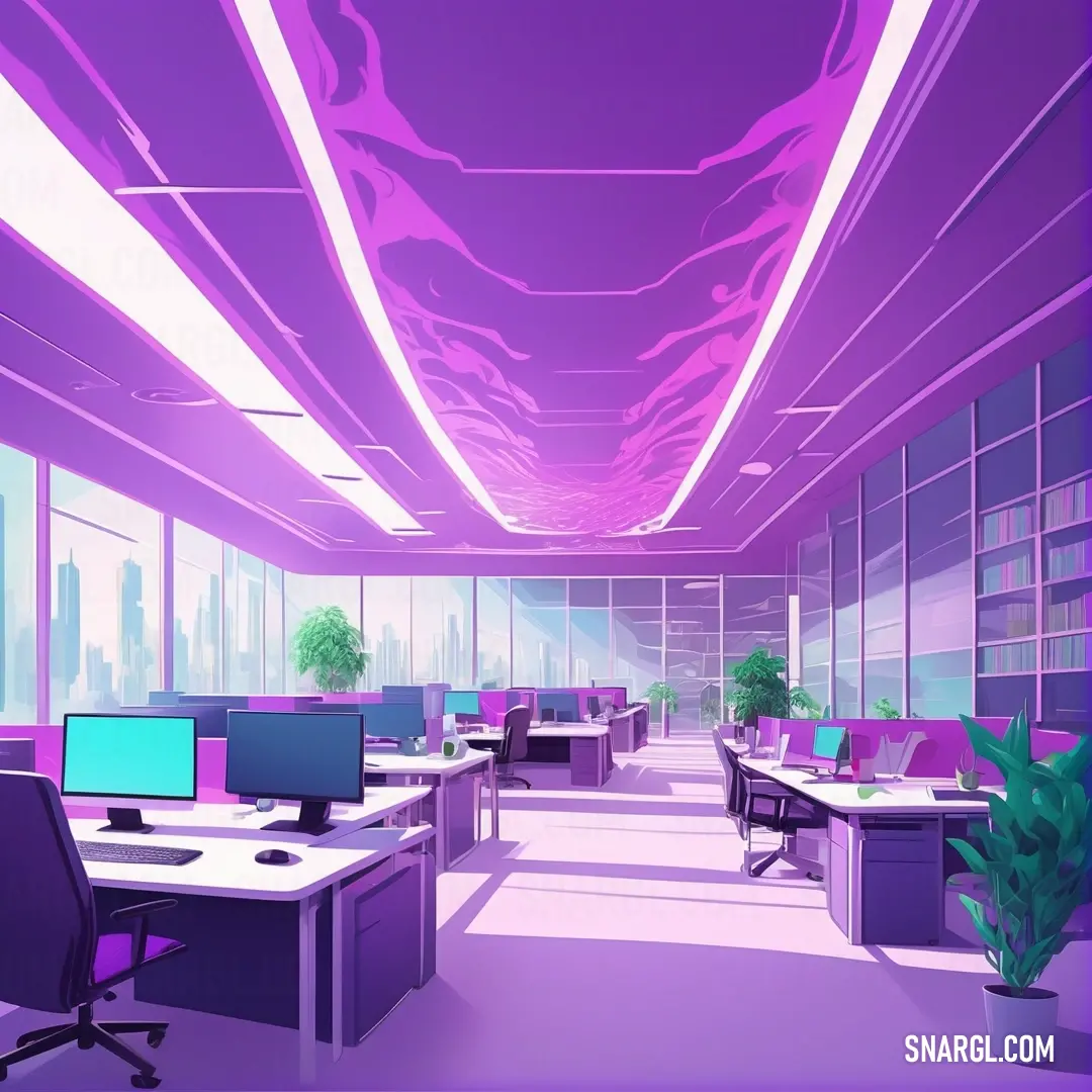 Room with a lot of desks and computers in it and a plant in the corner of the room. Example of RGB 153,50,204 color.