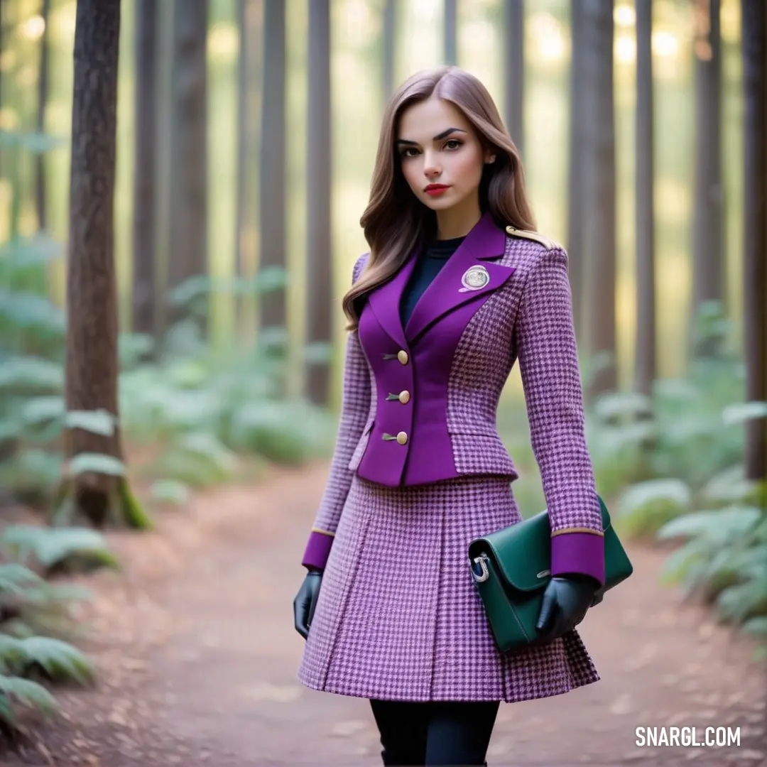 Woman in a purple coat and black gloves is walking through a forest with a green purse. Example of CMYK 25,75,0,20 color.