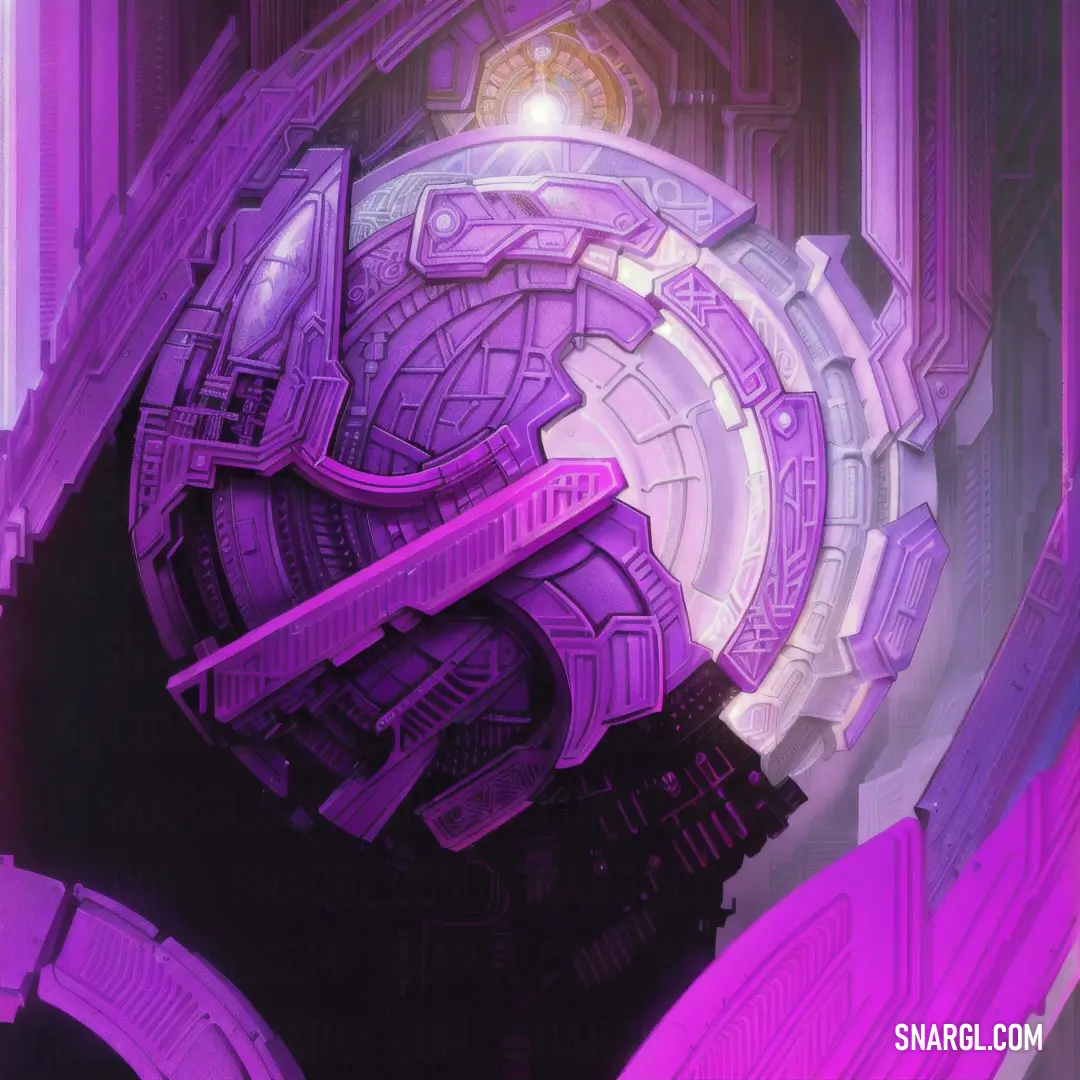 Futuristic purple artwork with a circular object in the middle of it's image and a bright light shining on the top of the image