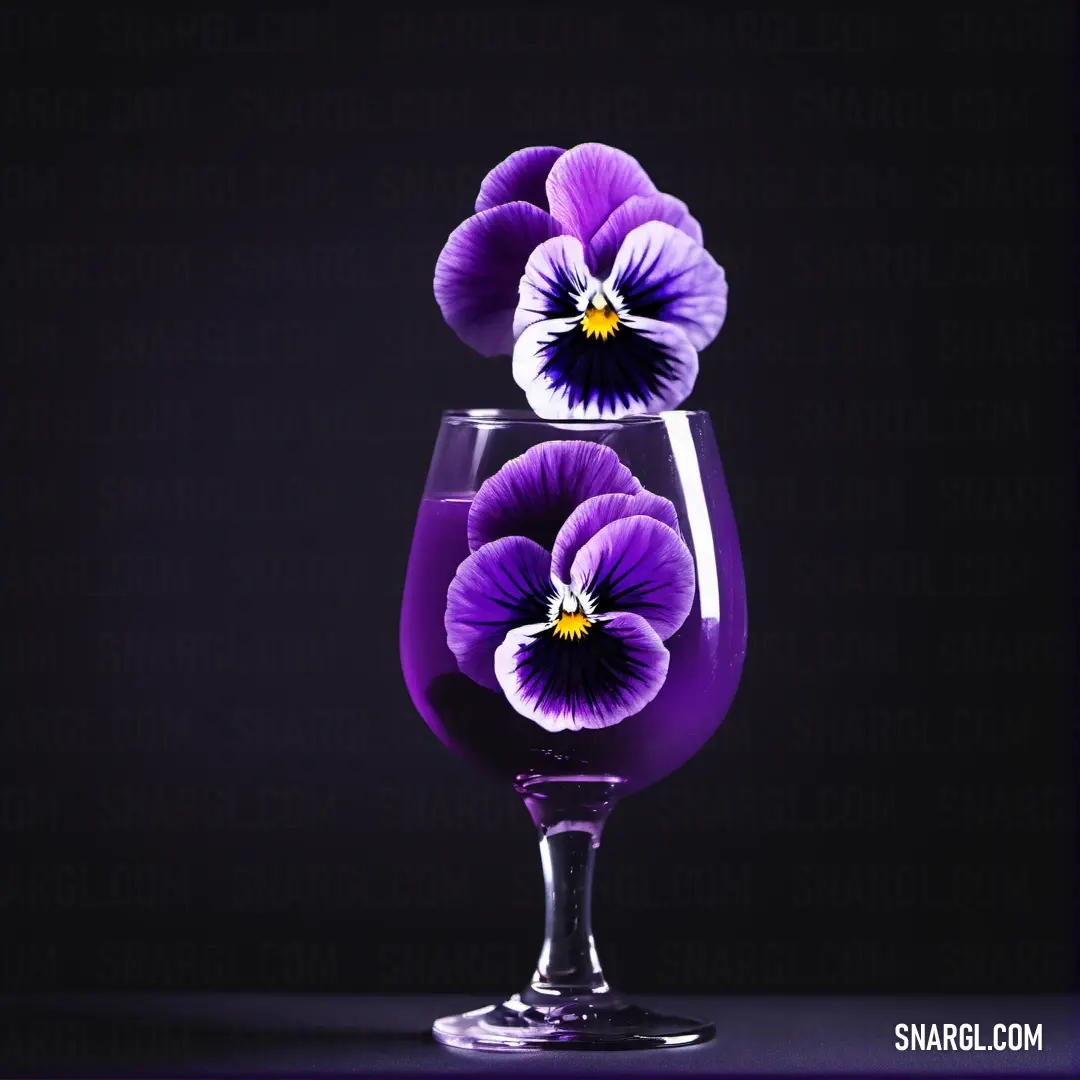 Dark orchid color example: Glass with some purple flowers in it on a table with a black background