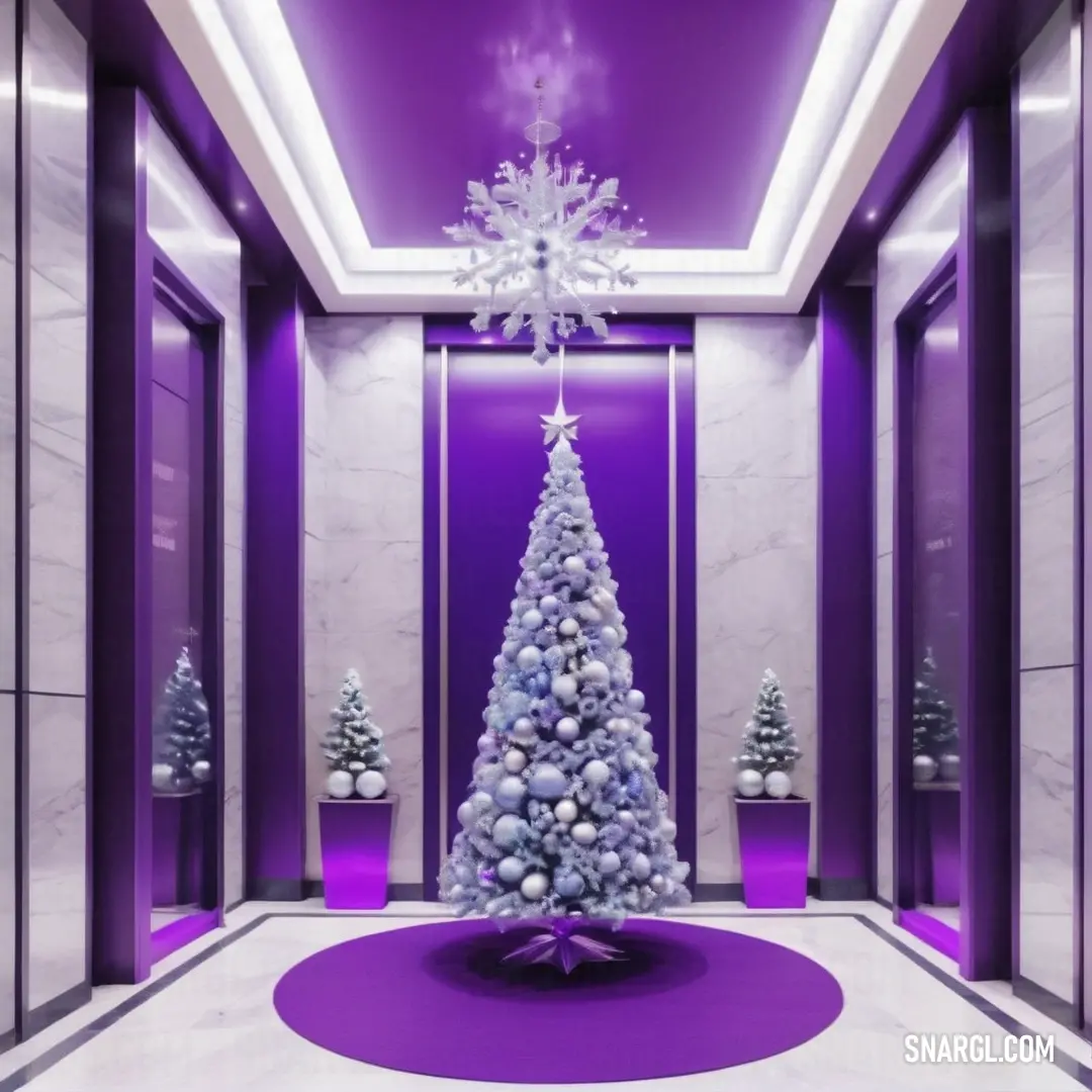 Purple christmas tree in a room with purple walls and purple carpeting and a purple ceiling with a white star. Example of RGB 153,50,204 color.