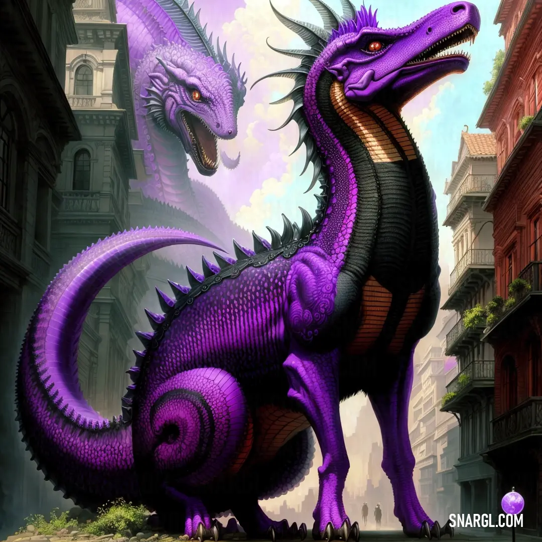 Purple dragon standing next to a purple dragon on a city street with buildings in the background