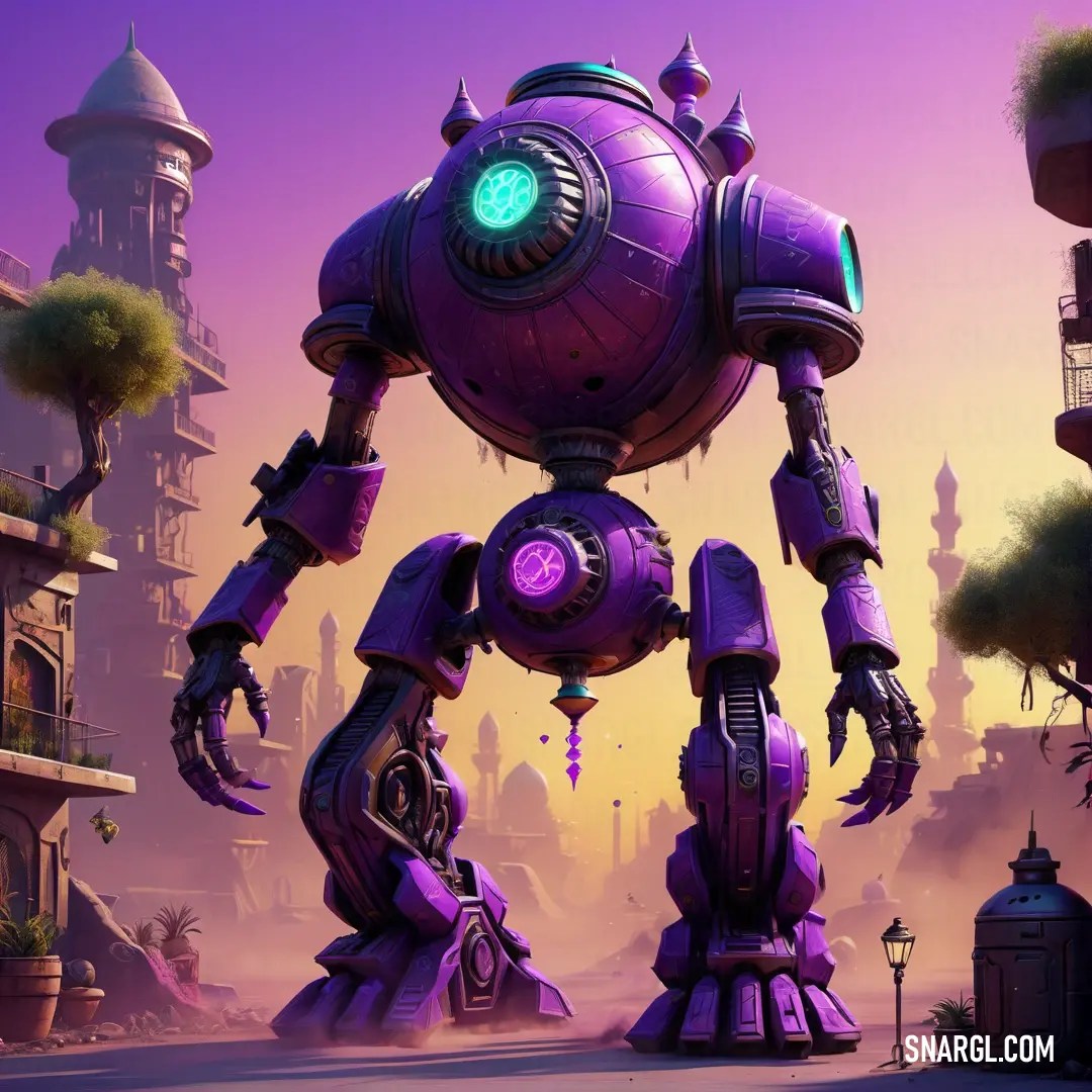 Purple robot standing in front of a purple sky with a green light on it's head and a building in the background