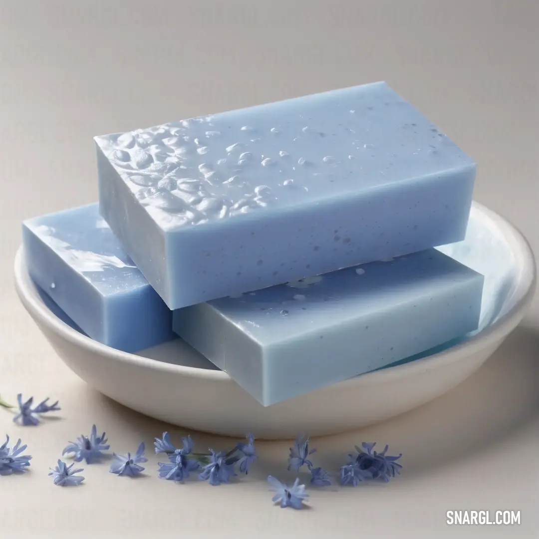 Couple of soaps on top of a white plate next to blue flowers on a white table. Color RGB 119,158,203.