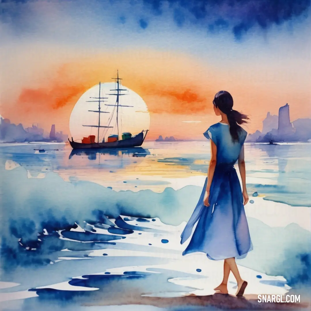 Dark pastel blue color. Painting of a woman walking on the beach at sunset with a boat in the background