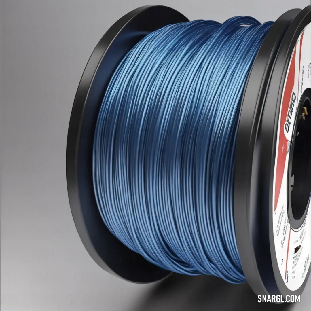 Spool of blue pla on a spool of black spooling wire on a reel, An Gyeon. Example of RGB 119,158,203 color.