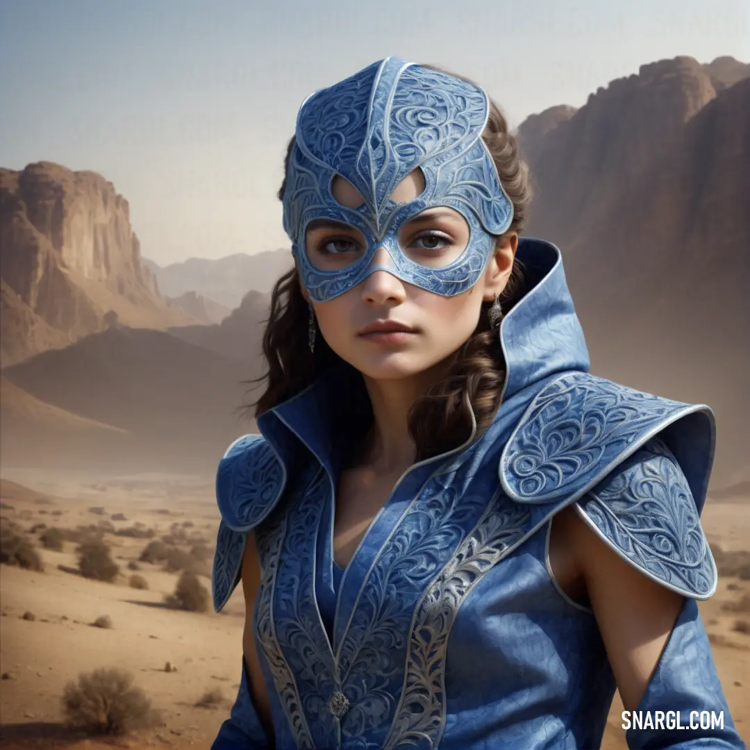 Woman in a blue costume and a mask in the desert with mountains in the background. Color #779ECB.