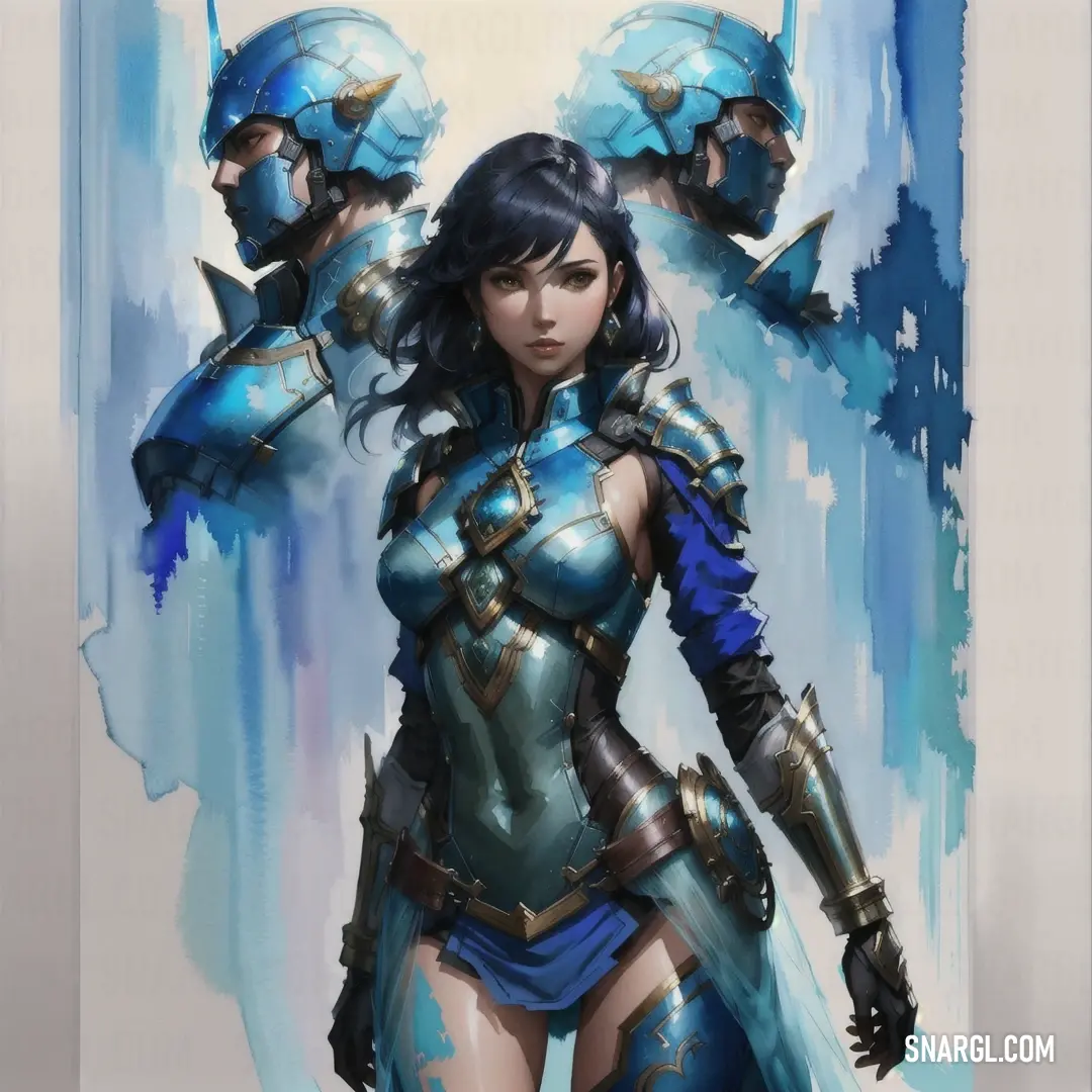 Woman in armor with two swords in her hand and two other women in the background with blue paint