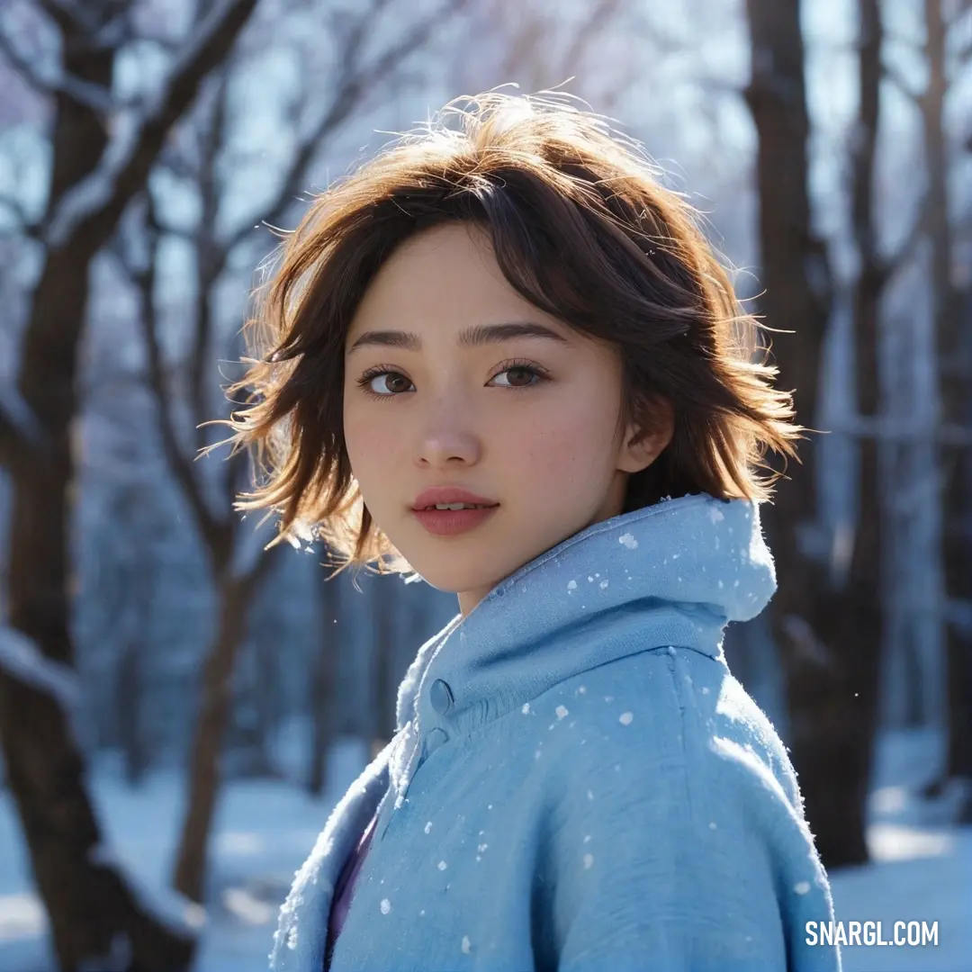 Young woman in a blue jacket standing in the snow in front of trees and snow covered ground. Color RGB 119,158,203.