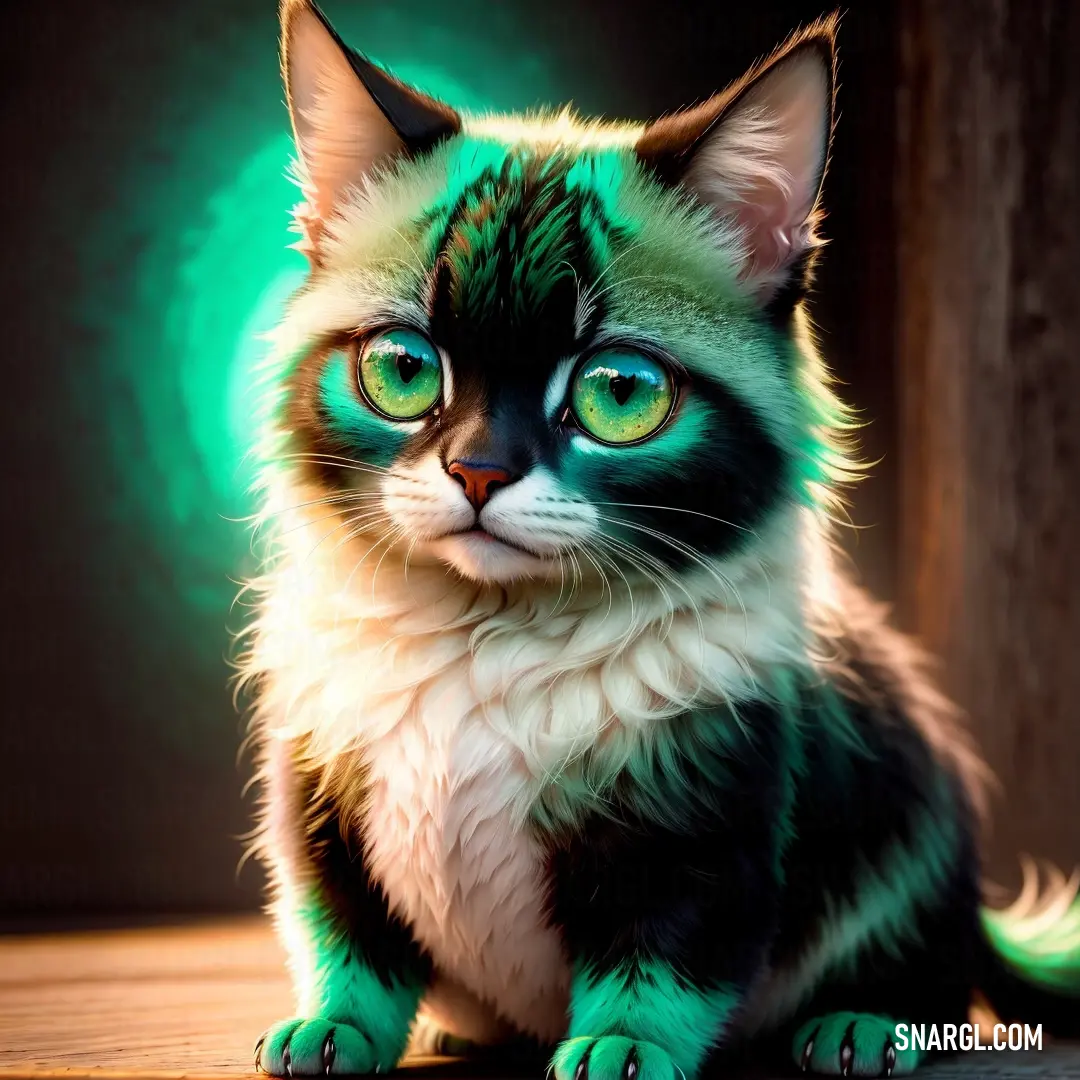 Cat with green eyes on a table with a green light behind it and a black background behind it