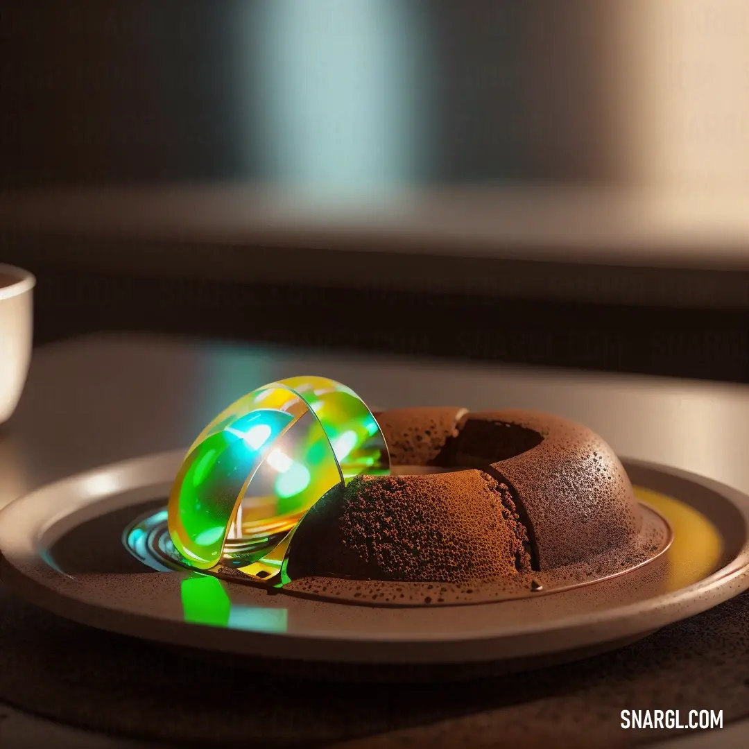 Dark pastel green color. Chocolate cake with a green frosting on a plate next to a cup of coffee on a table