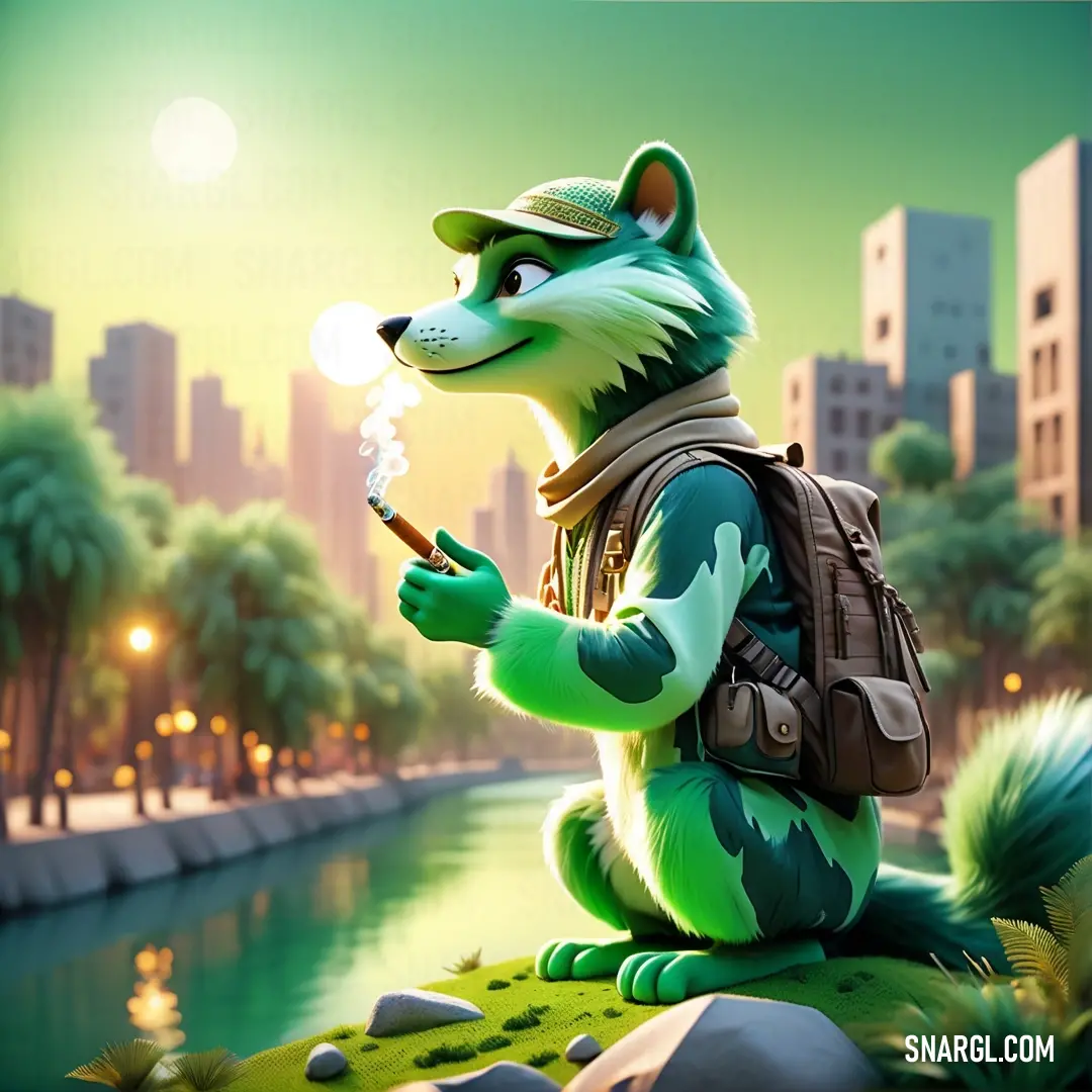 Cartoon character is smoking a cigarette in a city park with a river and trees in the background. Example of RGB 3,192,60 color.