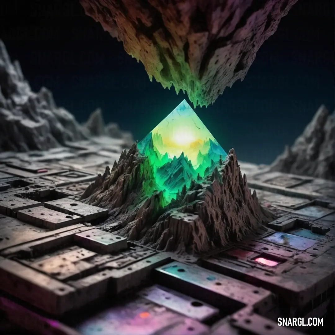 Dark pastel green color. Computer generated image of a mountain with a triangle shaped object in the middle of it's image