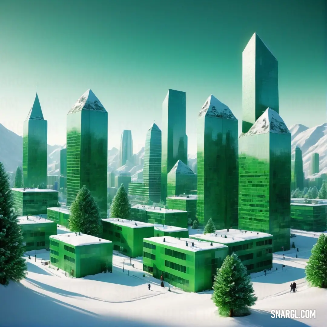 Green city with tall buildings and trees in the snow covered ground with a mountain in the background. Example of RGB 3,192,60 color.