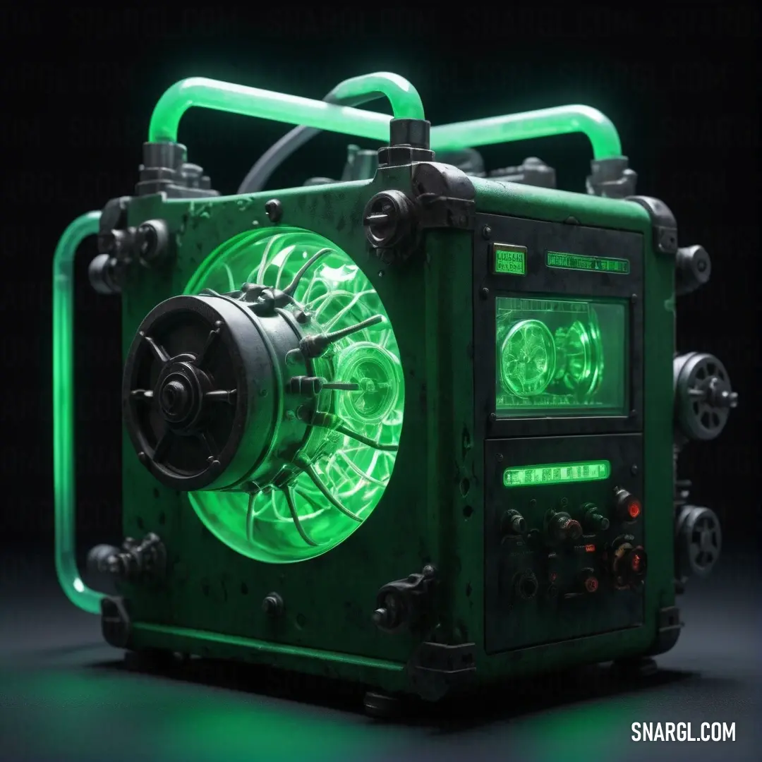 Dark pastel green color. Green machine with a green light on it's side and a black background