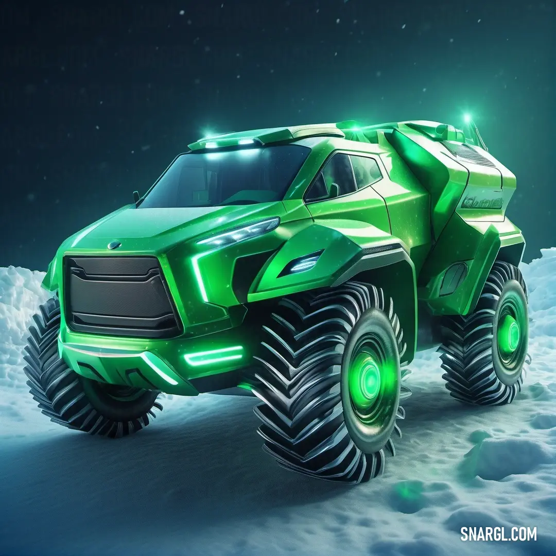 Green monster truck driving through a snowy field at night with a bright green light on its head and wheels. Color RGB 3,192,60.