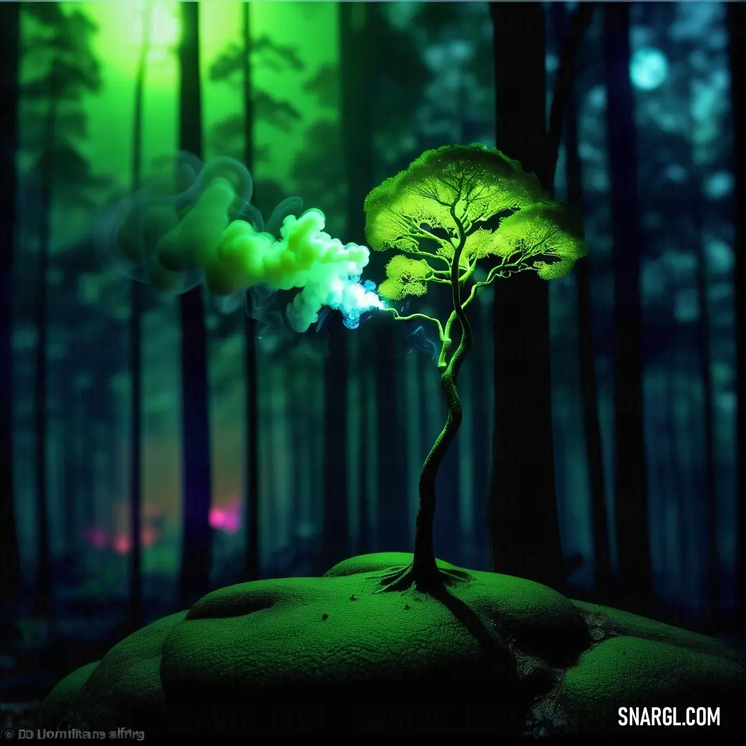 Dark pastel green color. Green tree with smoke coming out of it in a forest at night time with a green glow on the tree