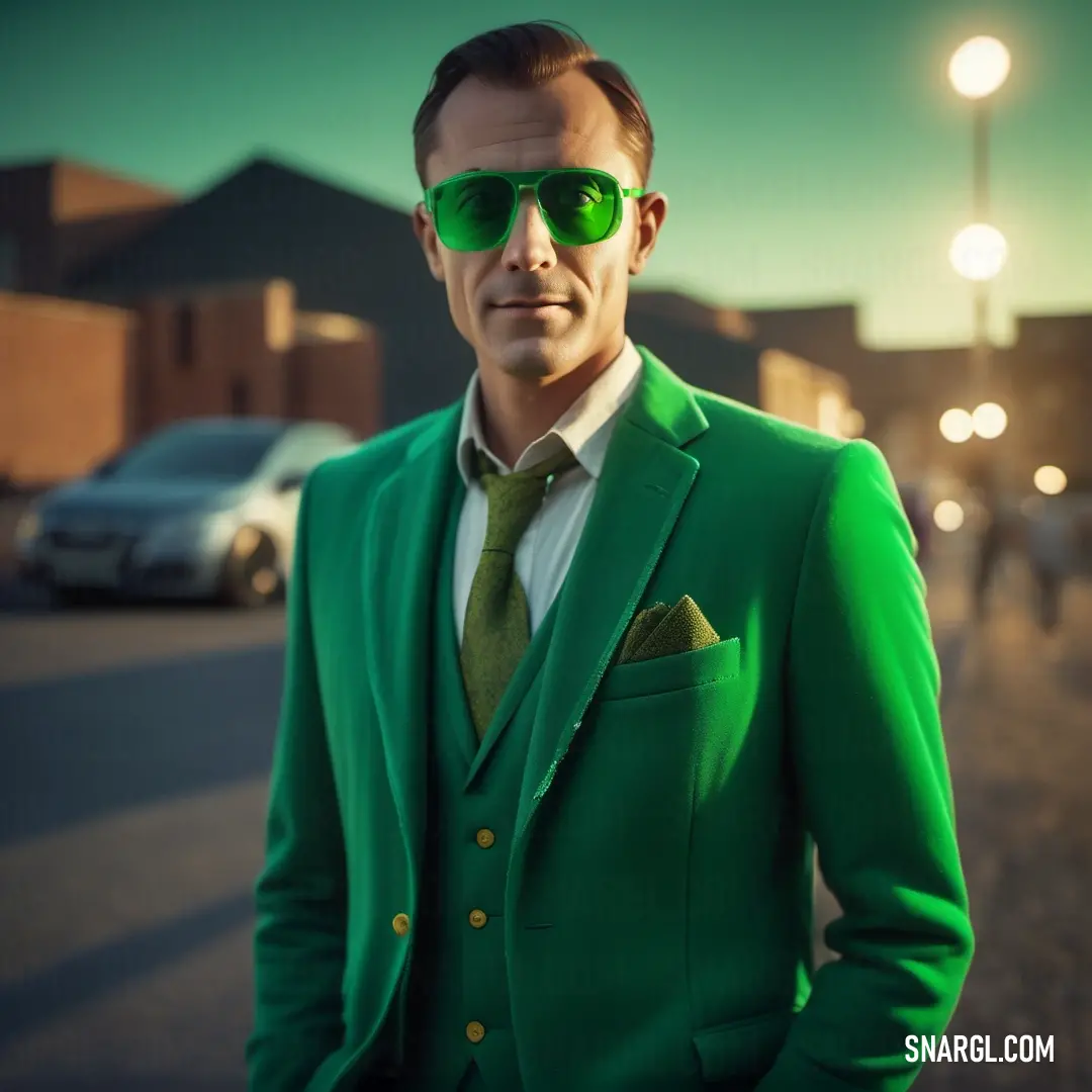 Man in a green suit and sunglasses standing in the street at night with a car in the background. Color CMYK 98,0,69,25.