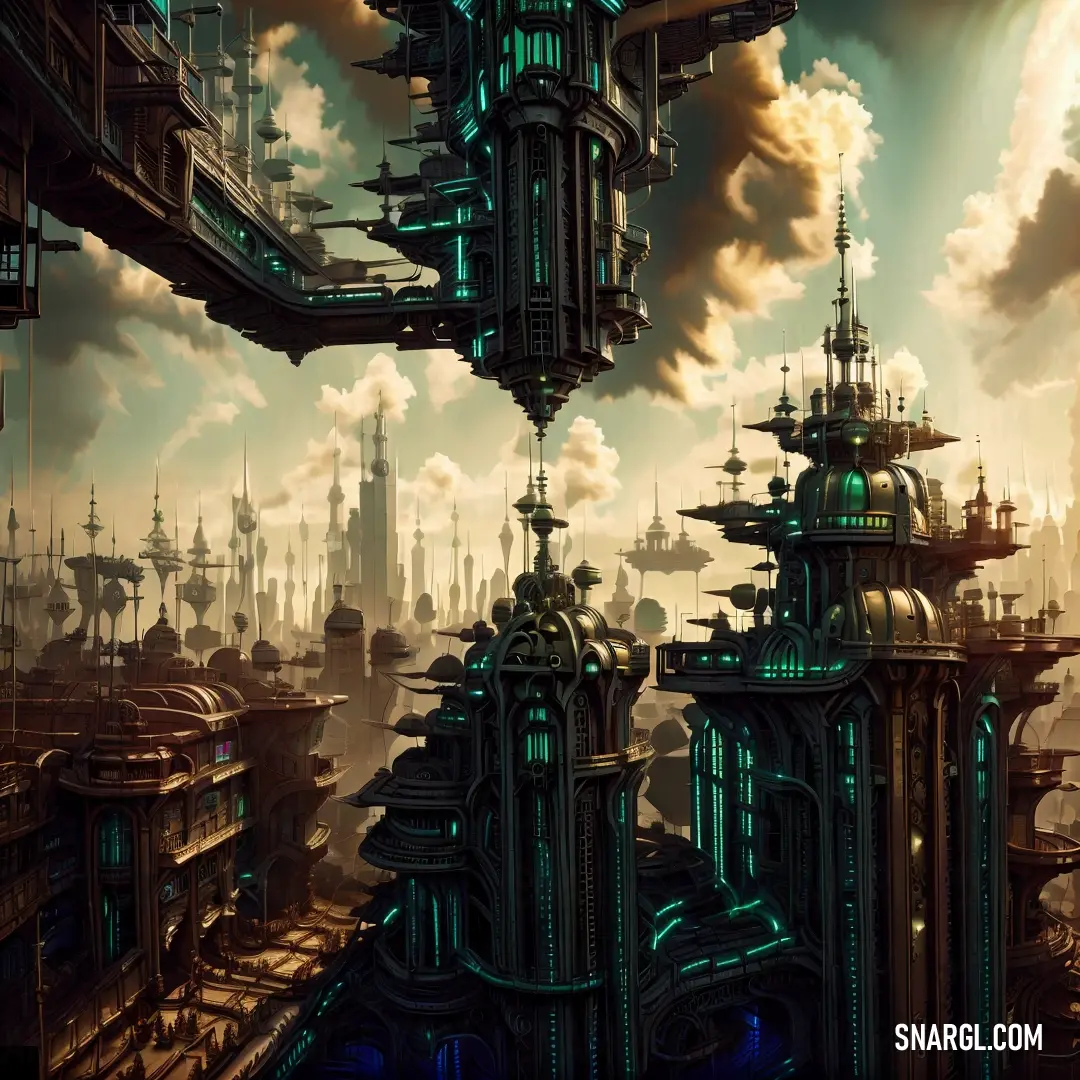 Futuristic city with a lot of tall buildings and a sky background with clouds and steampunkes