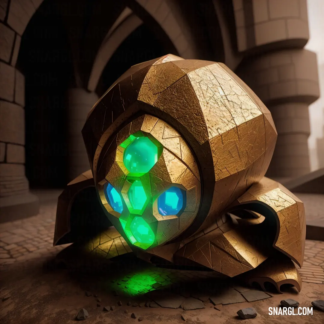 Futuristic looking object with green lights on it's face and a brick floor in front of a building