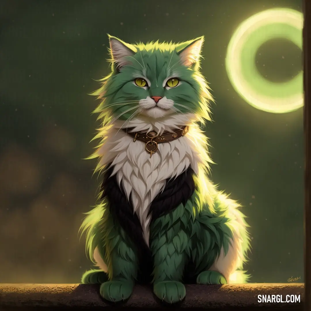 Green and white cat on a ledge with a moon in the background and a green ring around it