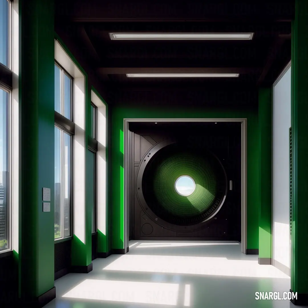 Green and white hallway with a large green object in the middle of it's doorways and windows. Example of #03C03C color.
