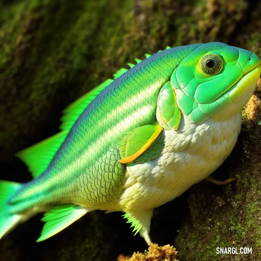 Green and yellow fish on a tree branch with moss growing on it's side