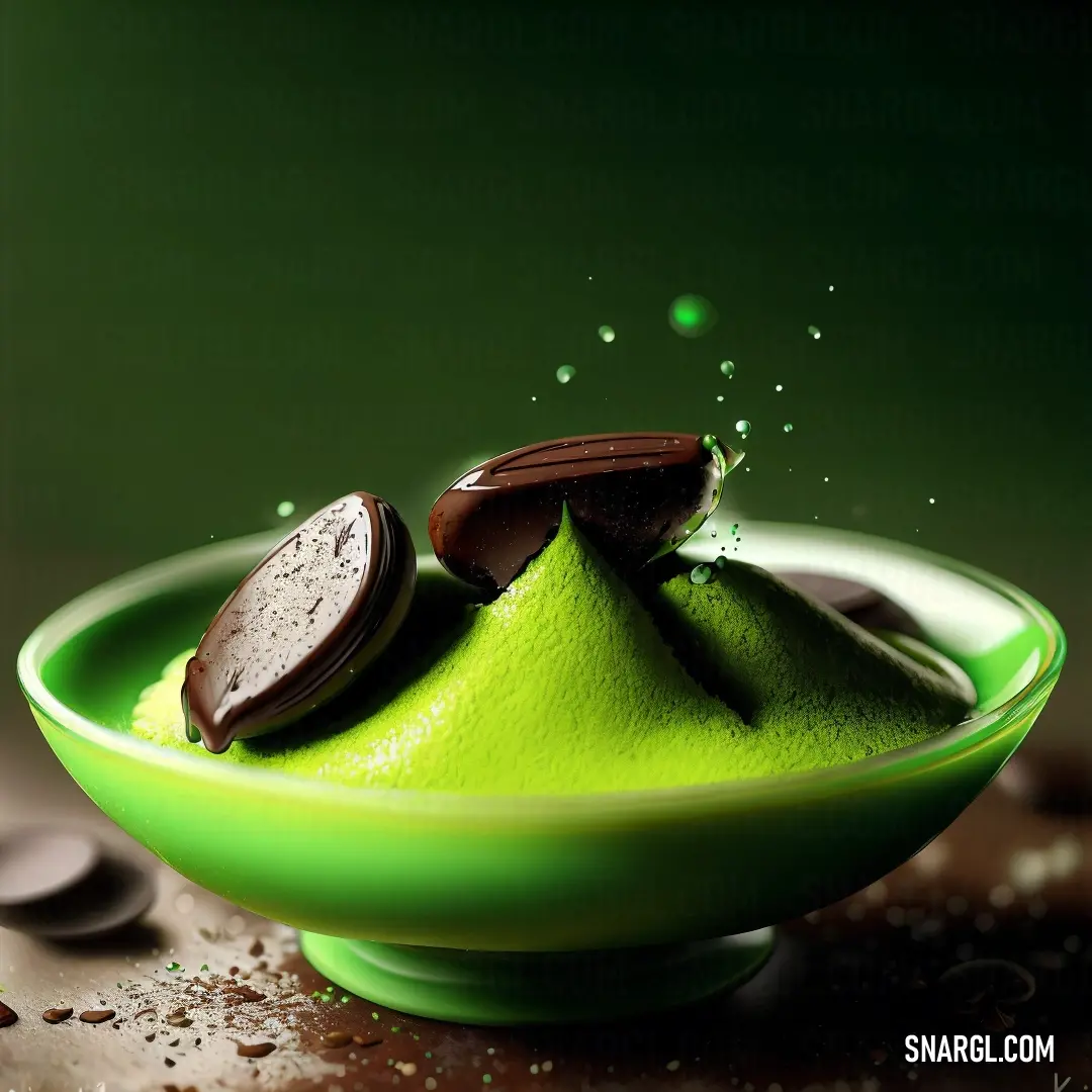 Green bowl with a chocolate cookie on top of it and a green bowl