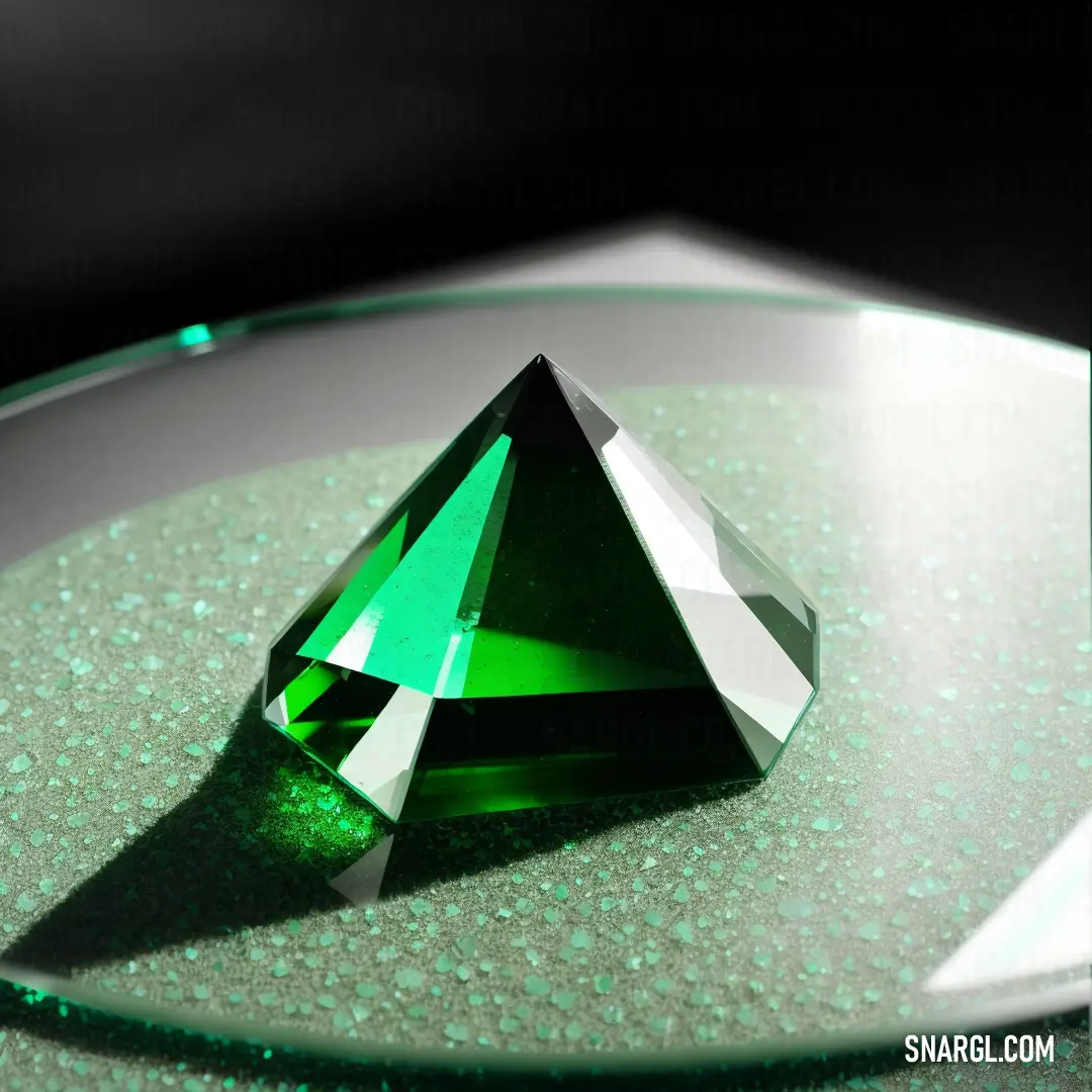 Green diamond on top of a glass plate on a table with a shadow on it's surface