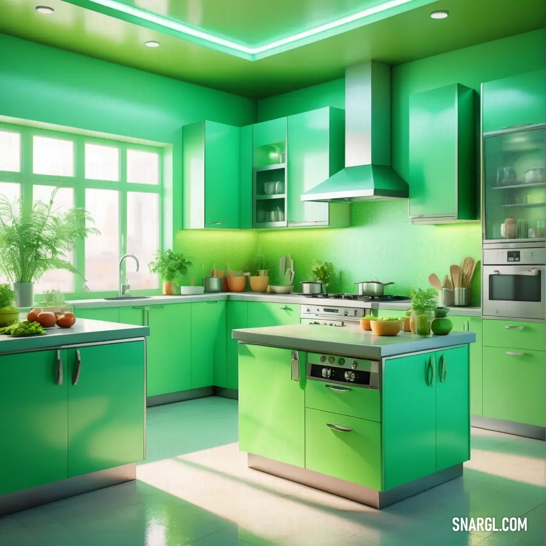 Green kitchen with a stove and a sink and a window with a potted plant on it and a potted plant on the counter