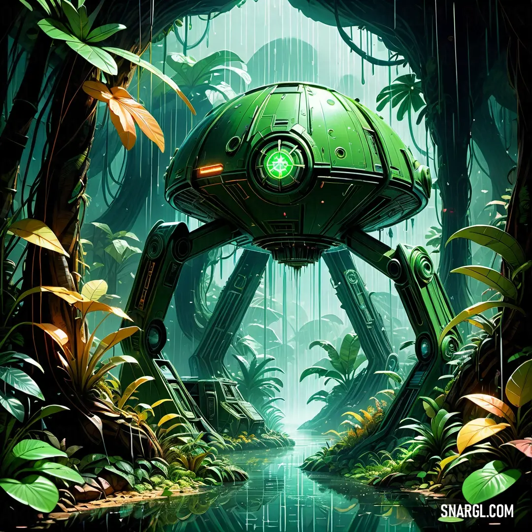 Green robot in a jungle with a stream of water and trees around it. Example of RGB 3,192,60 color.