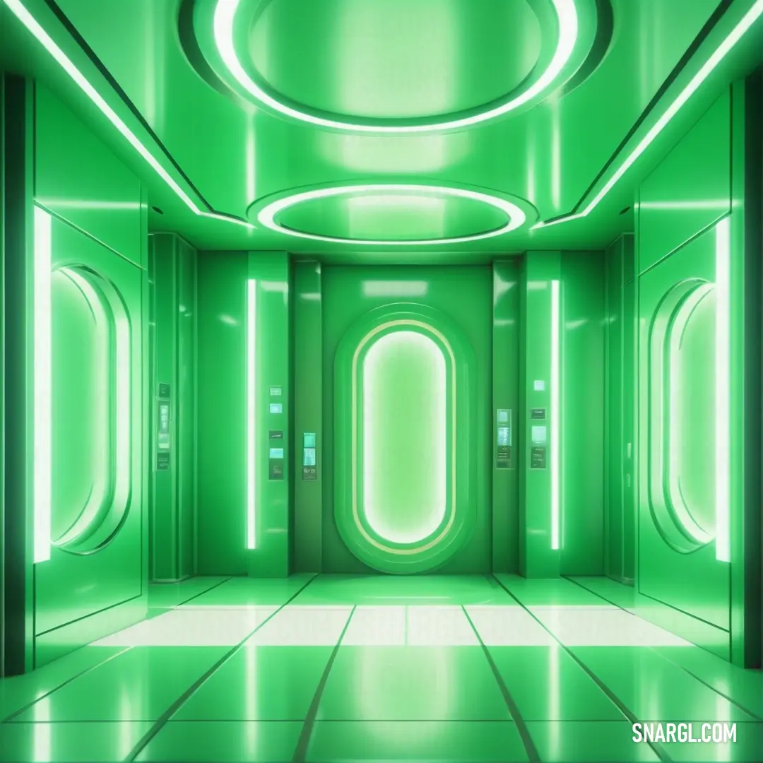 Green room with a circular light in the middle of it. Example of Dark pastel green color.