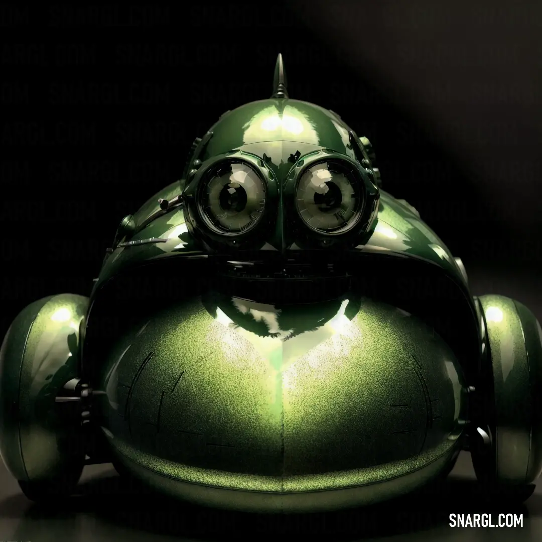 Green toy car with eyes and a nose on it's head and a black background behind it