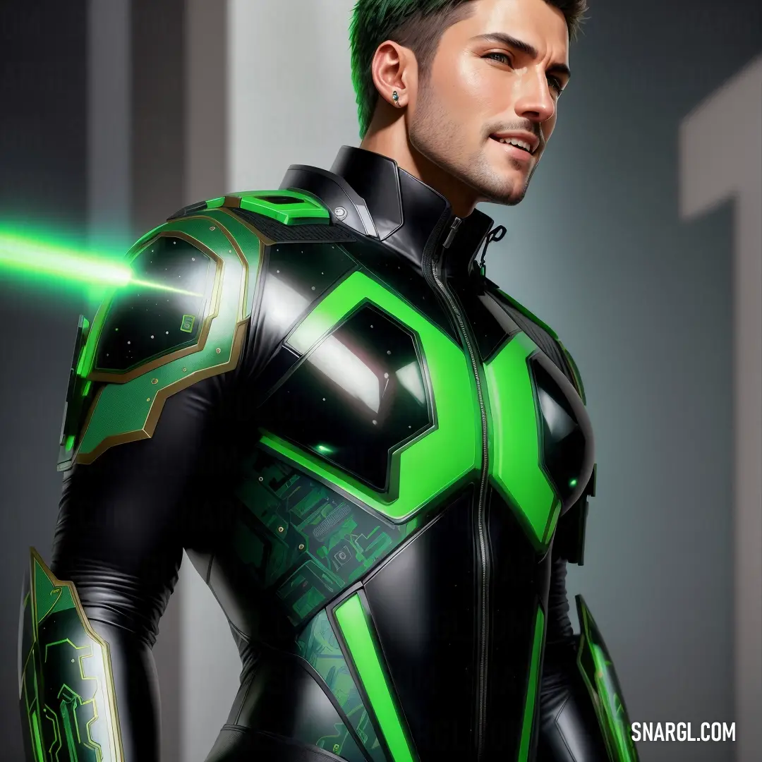 Man in a futuristic suit with a green laser light coming from his chest and shoulder