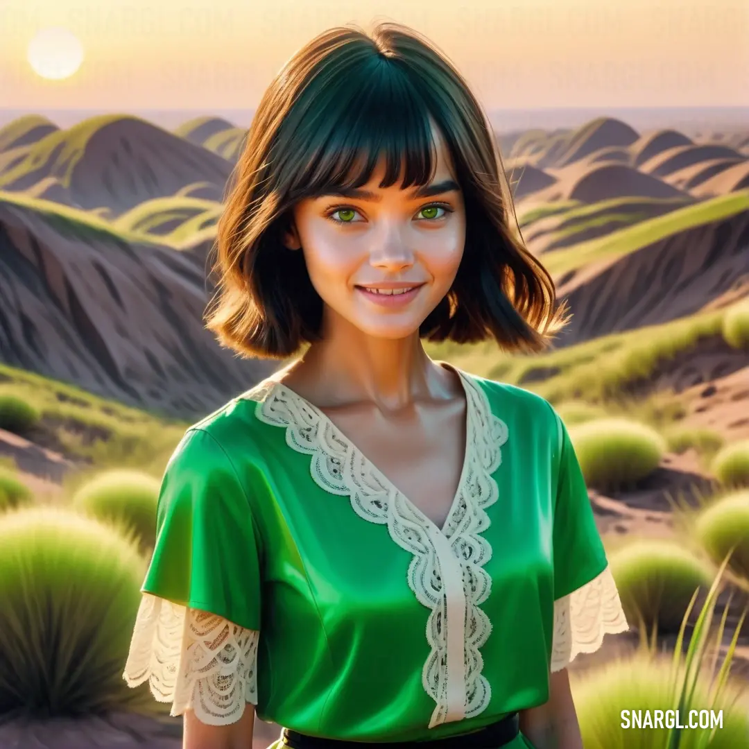 Painting of a woman in a green dress in a desert landscape with mountains and grass in the background. Color CMYK 98,0,69,25.