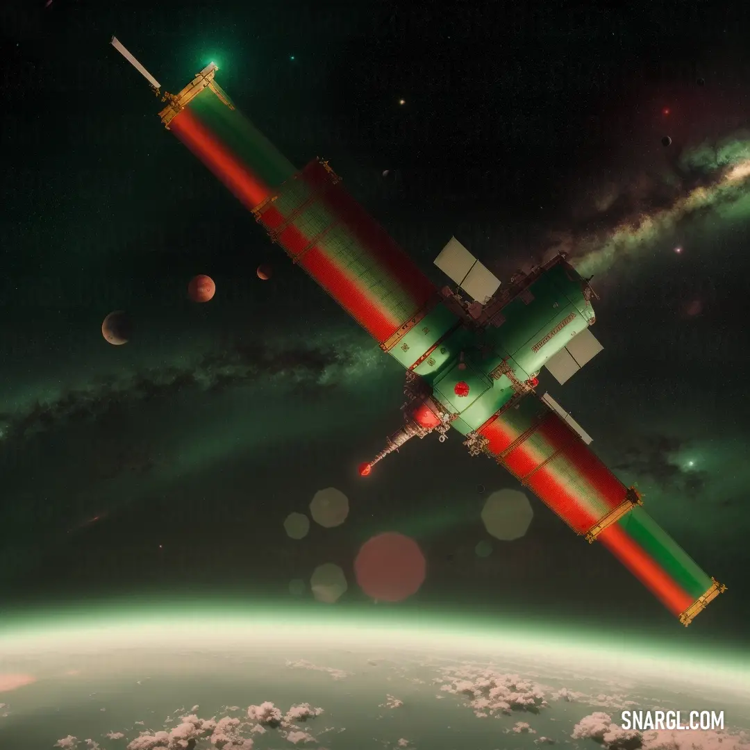 Satellite in the sky above the earth with a green light on it's side and a red