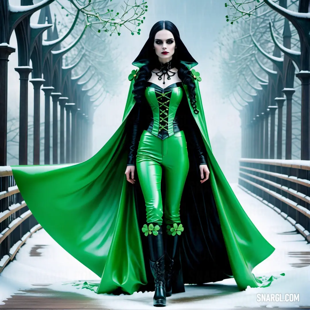 Woman dressed in green and black is walking down a bridge in a green outfit and cape
