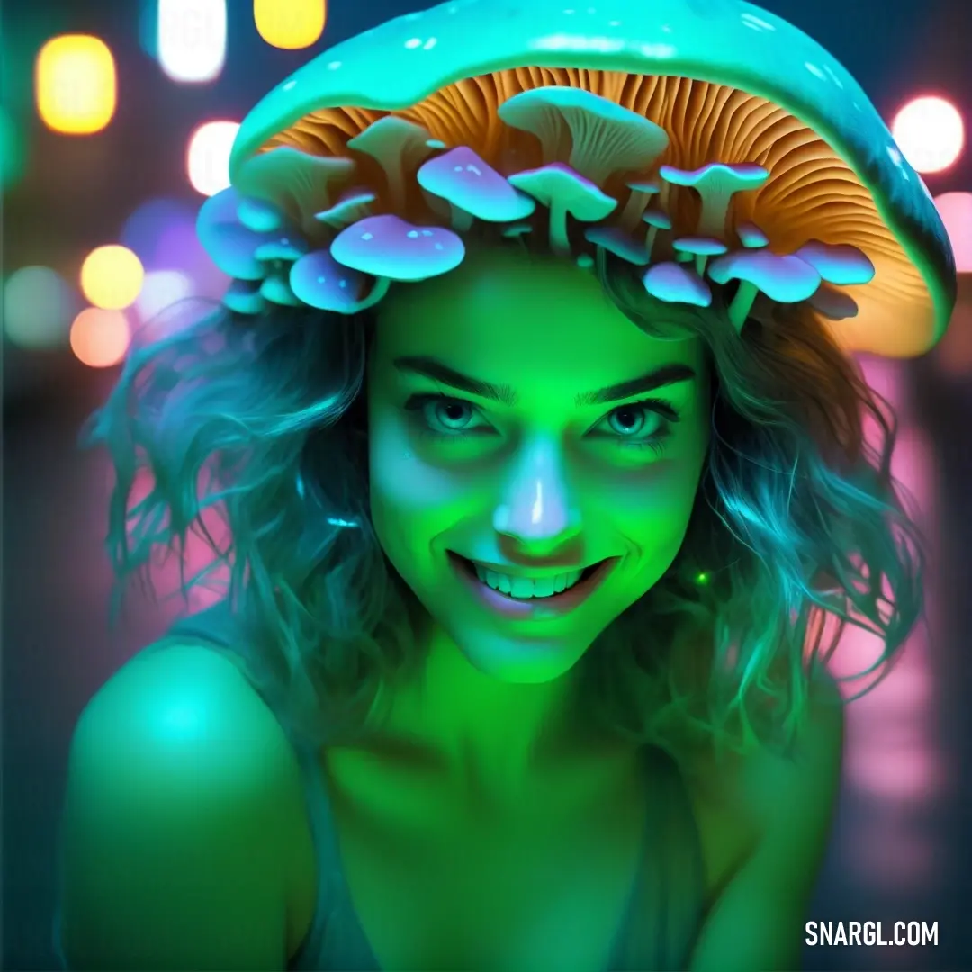 Dark pastel green color example: Woman with a green hat on her head and a green glow on her face and hair
