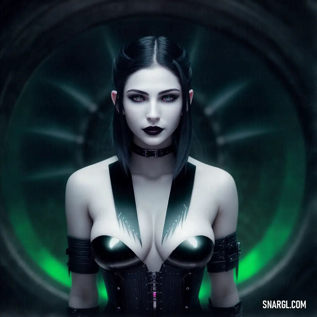 Woman with dark hair and green eyes wearing a corset and a black bra