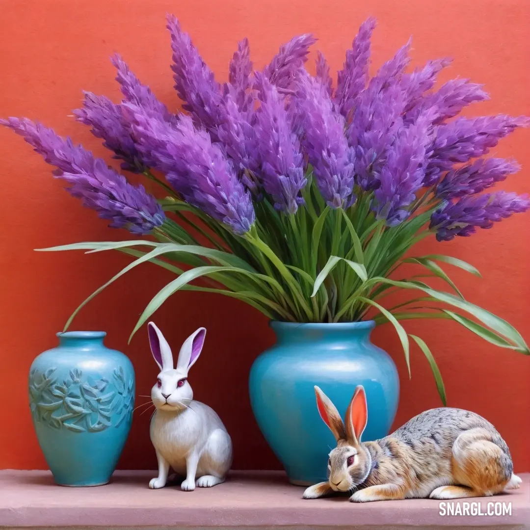 Dark pastel purple color example: Couple of rabbits next to a vase with flowers in it and a bunny statue next to it