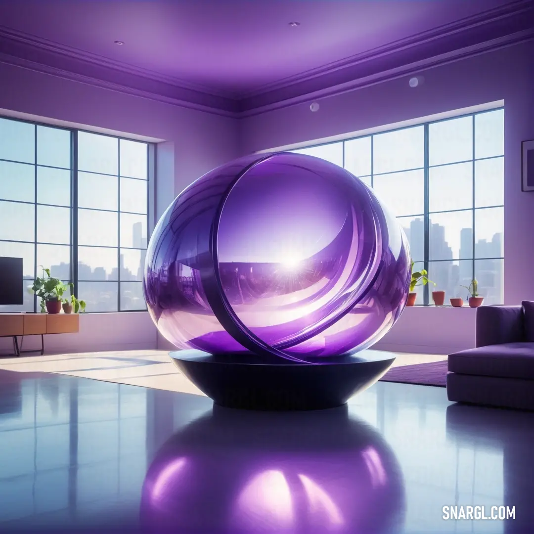 Large purple sphere in a living room next to a window with a city view in the background. Color RGB 150,111,214.